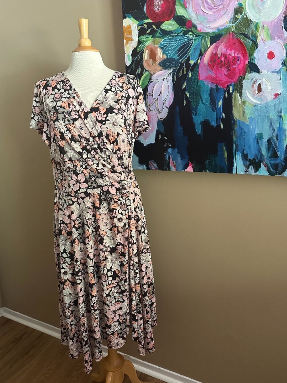 Perceptions NY Floral Wrap Dress XL Pink Black Stretch Midi Flowy Casual